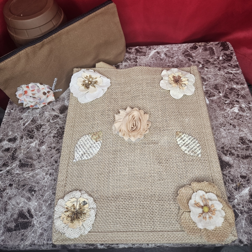 NWOT Set Natural Handmade Burlap Jute Bag And Makeup Bag Pencil Case Phone Money